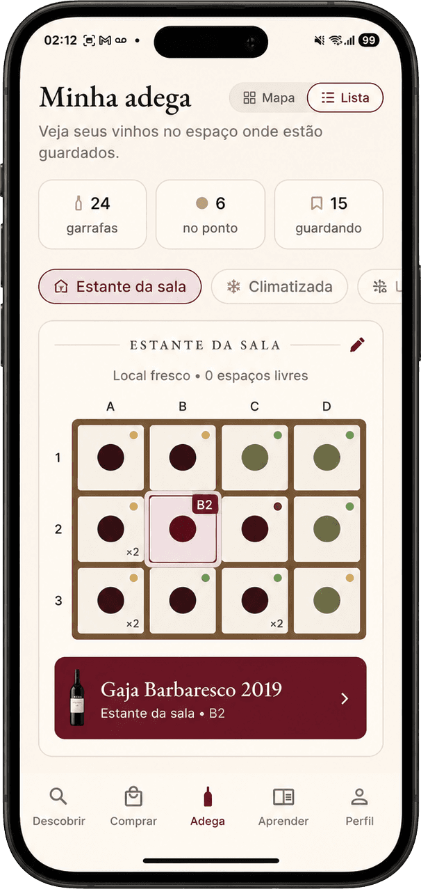 Tela Minha adega do app Sommê, com a estante e as posições das garrafas
