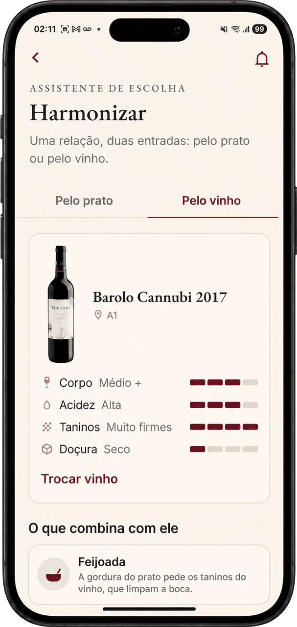 Tela de harmonização do app Sommê, mostrando o perfil de um vinho e o que combina com ele