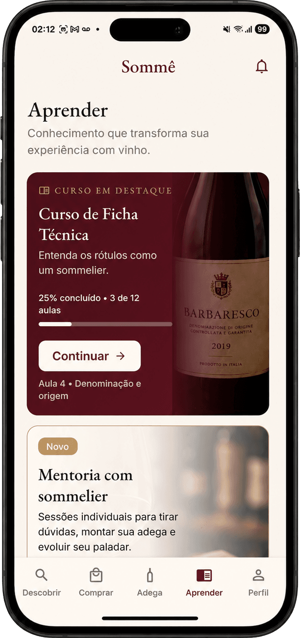 Tela Aprender do app Sommê, com curso de ficha técnica e mentoria com sommelier