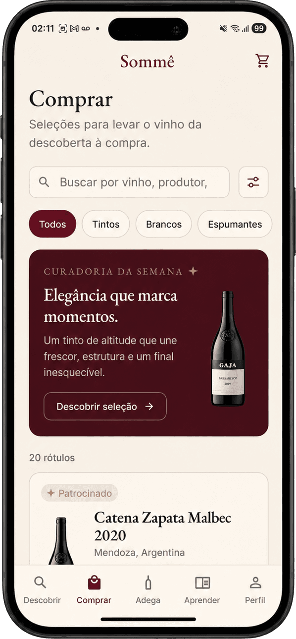 Tela Comprar do app Sommê, com a curadoria da semana e vinhos à venda